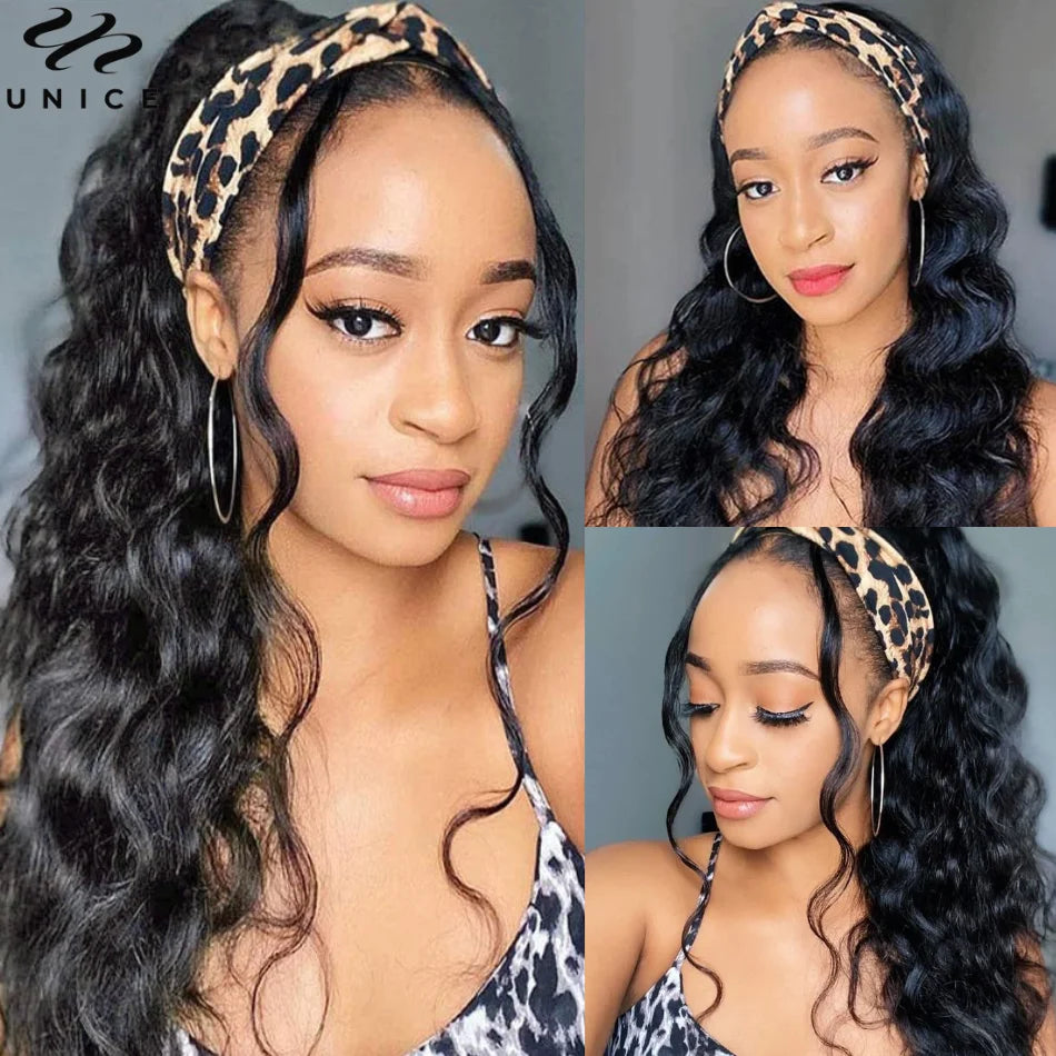 Unice Hair Body Wave Headband Wigs Natural Color Human Hair Wigs 150% Density Headband Scarf Wigs