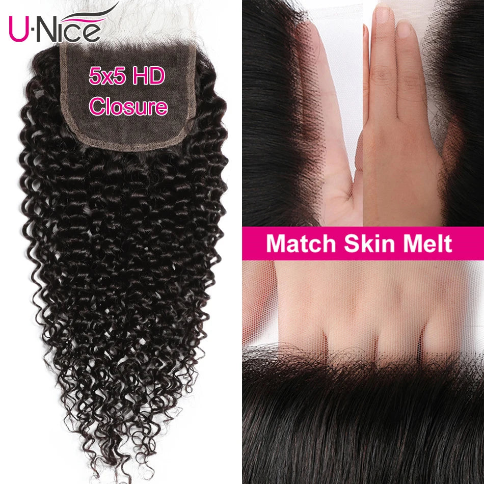 UNice Hair Curly Lace Closure Brazilian Hair 5x5 HD Lace Closure Free Part Human Hair Closure 10-20inch