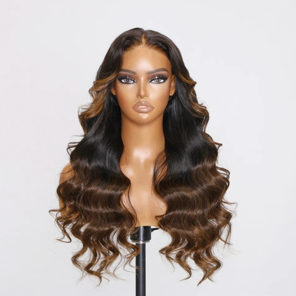 UNice Hair Loose Wave Bye Bye Knots Wig 7x5 Glueless Lace Ombre brown highlights Colored Wig Pre Bleached Knots Plucked Hairline