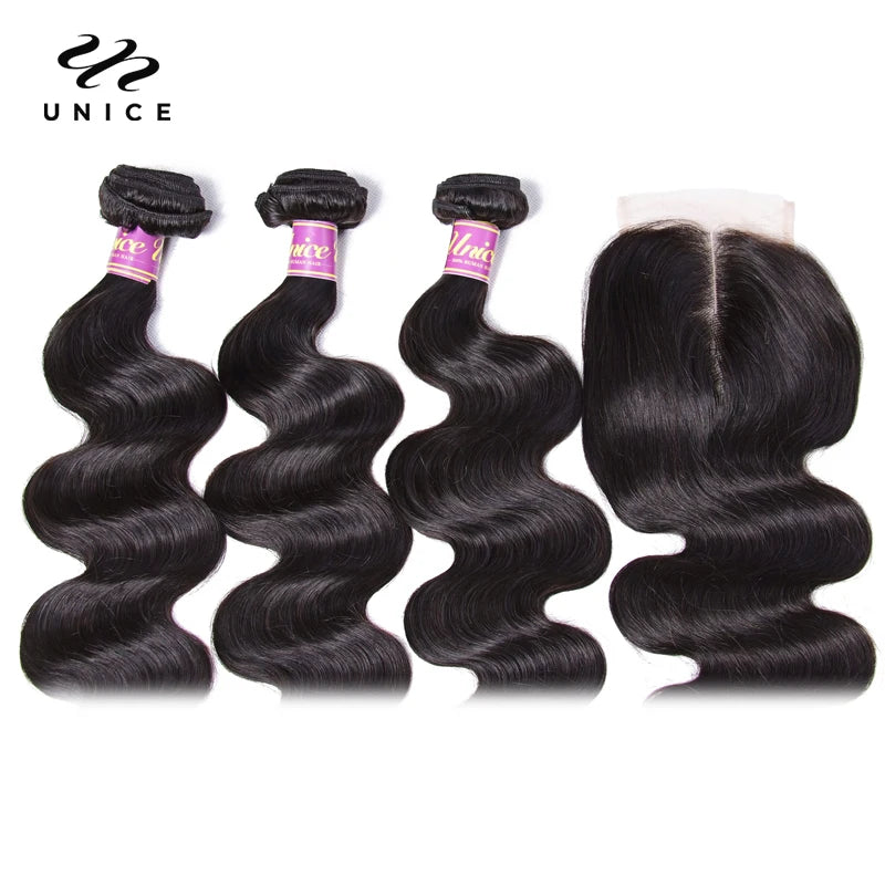 UNice Hair Virgin Human Hair 4 Bundles with Closure Peruvian Body Wave with Closure Human Hair Lace Closure with Bundles