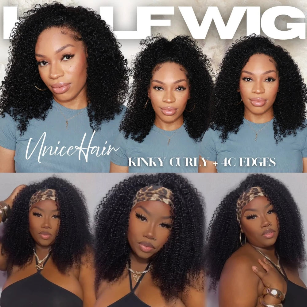 UNICE Hair Drawstring Kinky Curly Half Wig With 4C Edges Hairline Seamless Flip Over Human Hair Wig Beginner Friendly