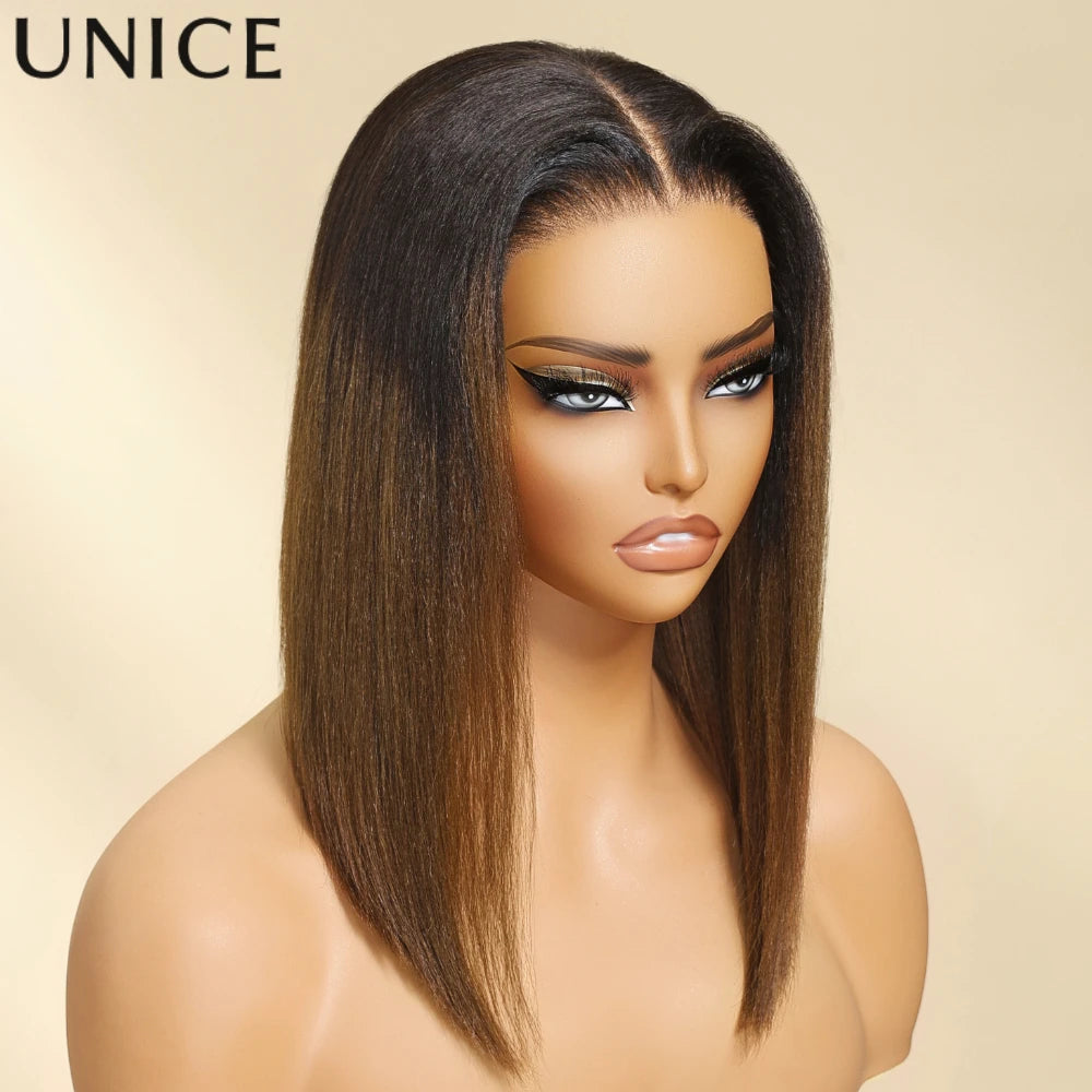 Unice Hair 7x5 Bye-Bye Knots Chestnut Brown Ombre Yaki Straight Bob Wig Human Hair Pre Cut Pre Bleached Glueless Wig