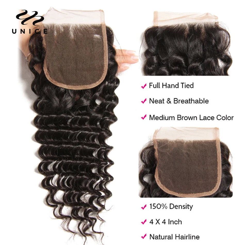 Unice Hair Deep Wave 5x5 HD Lace Closure 1PC Free Part 100% Human Hair Lace Closure 150% Density Free Shipping