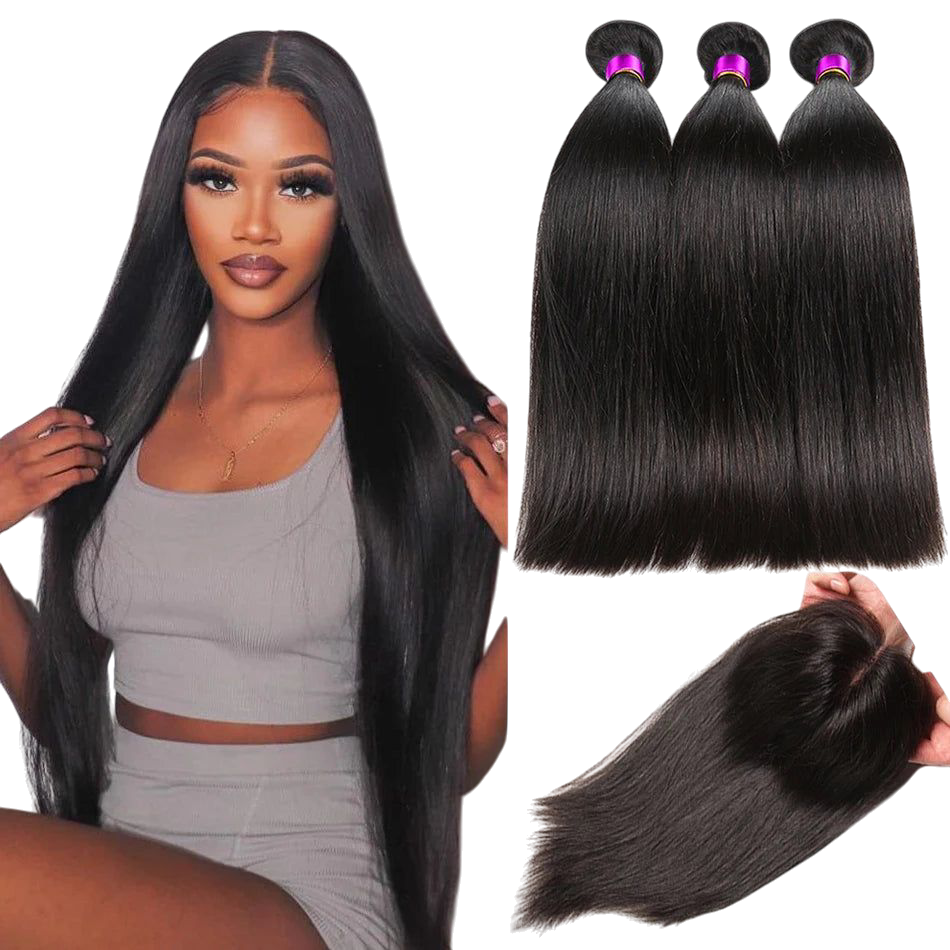 15A Peruvian Straight Bundles With Closure Unprocessed Virgin Human Hair Extensions 3 Bundles With Frontal Bundles and Closure