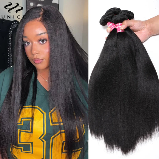UNice Hair Yaki Straight Hair Bundles With Closure Natural Color 100% Human Hair Bundles 3PCS And Middle Part 4x1 Lace Closure