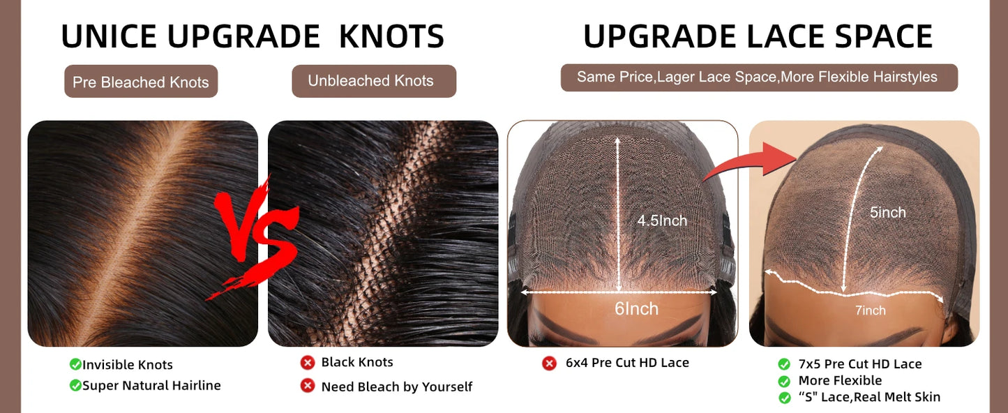 Unice Hair 7x5 Bye-Bye Knots Chestnut Brown Ombre Yaki Straight Bob Wig Human Hair Pre Cut Pre Bleached Glueless Wig