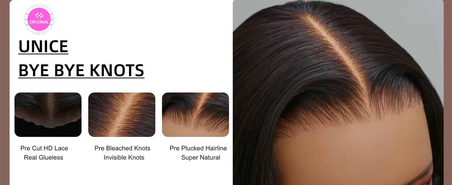 Unice Hair 7x5 Bye-Bye Knots Chestnut Brown Ombre Yaki Straight Bob Wig Human Hair Pre Cut Pre Bleached Glueless Wig