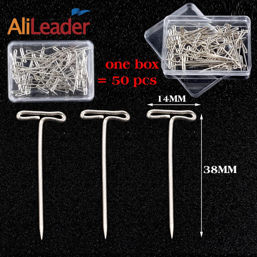 AliLeader Good Quality Silver 50pcs Tpins for Wigs Making/Display On Foam Head 38mm Long T-pins Sewing Hair Needles Styling tool