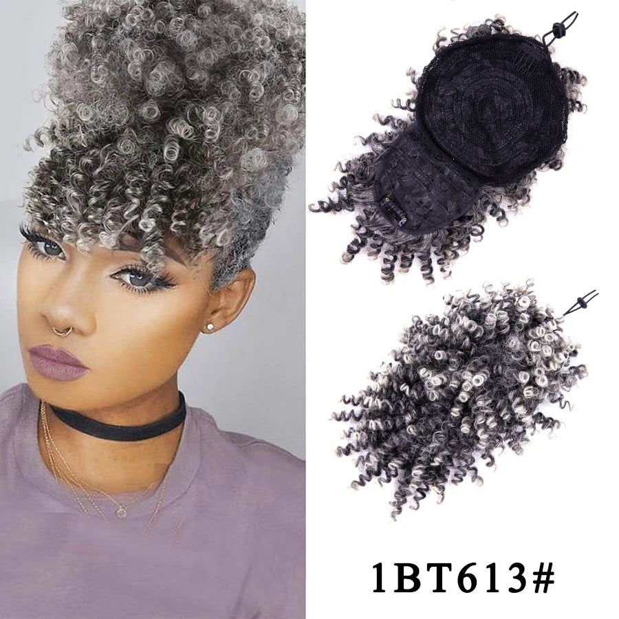 Alileader Afro Curly Bangs Adjustable Drawstring Ponytail With Bangs Non-glue Synthetic Hairpiece With Bangs For Women