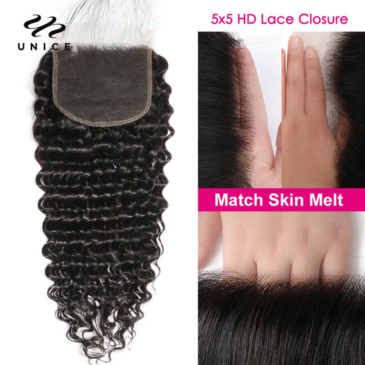 Unice Hair Deep Wave 5x5 HD Lace Closure 1PC Free Part 100% Human Hair Lace Closure 150% Density Free Shipping
