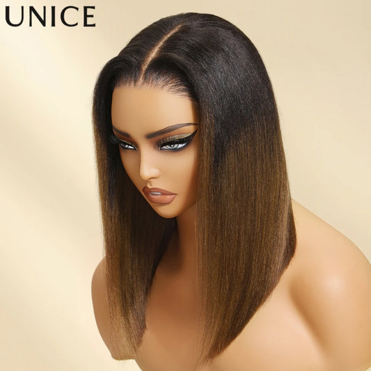 Unice Hair 7x5 Bye-Bye Knots Chestnut Brown Ombre Yaki Straight Bob Wig Human Hair Pre Cut Pre Bleached Glueless Wig