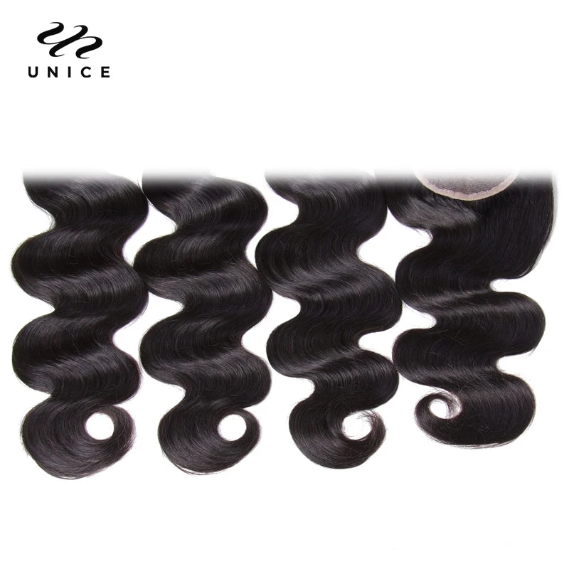 UNice Hair Virgin Human Hair 4 Bundles with Closure Peruvian Body Wave with Closure Human Hair Lace Closure with Bundles