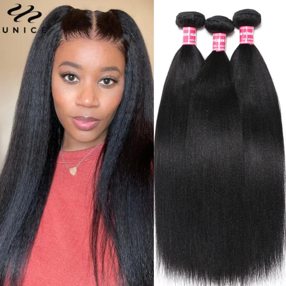 UNice Hair Yaki Straight Hair Bundles 3PCS Deal 100% Human Hair 10A Grade Natural Color Sew In Bundles Quick Weaves