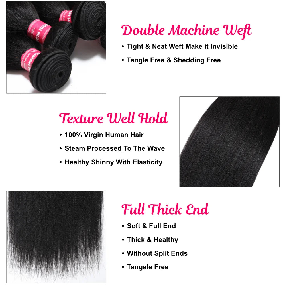 UNice Hair Yaki Straight Hair Bundles 3PCS Deal 100% Human Hair 10A Grade Natural Color Sew In Bundles Quick Weaves
