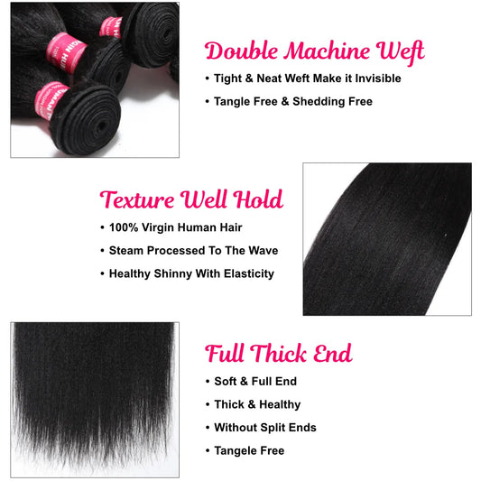 UNice Hair Yaki Straight Hair Bundles 3PCS Deal 100% Human Hair 10A Grade Natural Color Sew In Bundles Quick Weaves