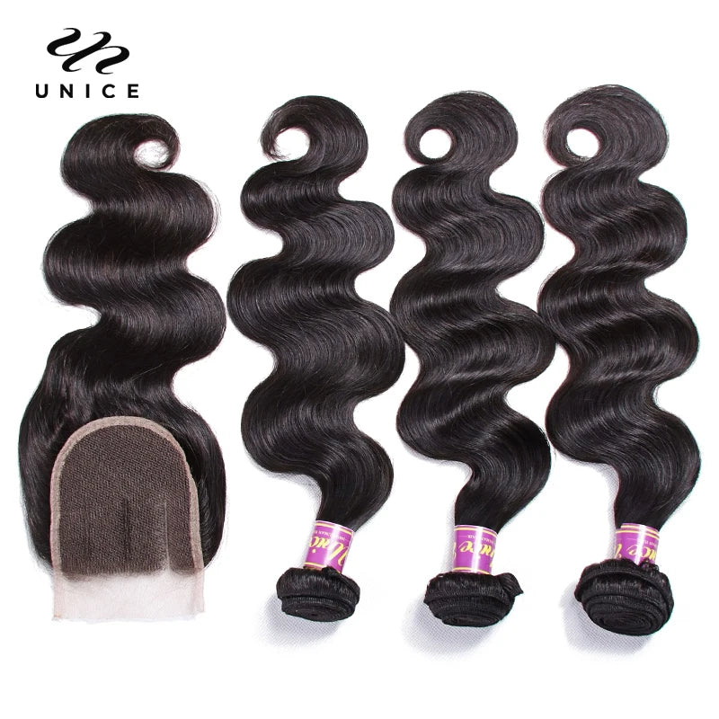 UNice Hair Virgin Human Hair 4 Bundles with Closure Peruvian Body Wave with Closure Human Hair Lace Closure with Bundles