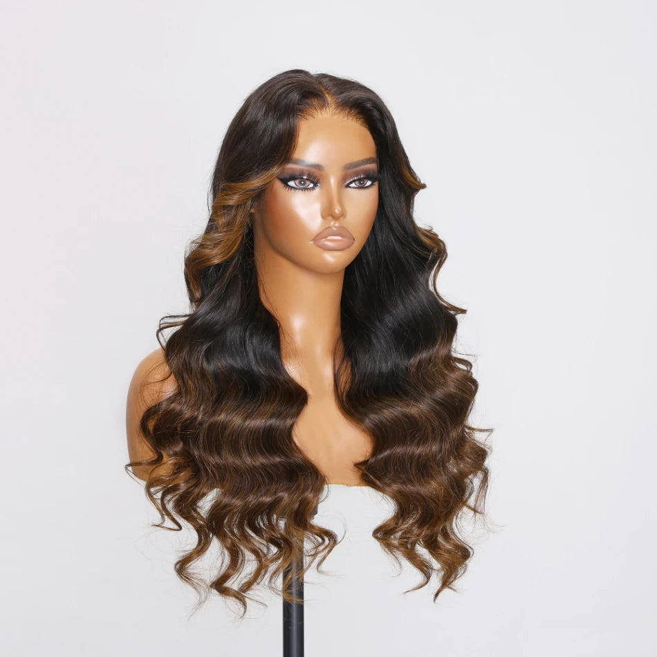 UNice Hair Loose Wave Bye Bye Knots Wig 7x5 Glueless Lace Ombre brown highlights Colored Wig Pre Bleached Knots Plucked Hairline