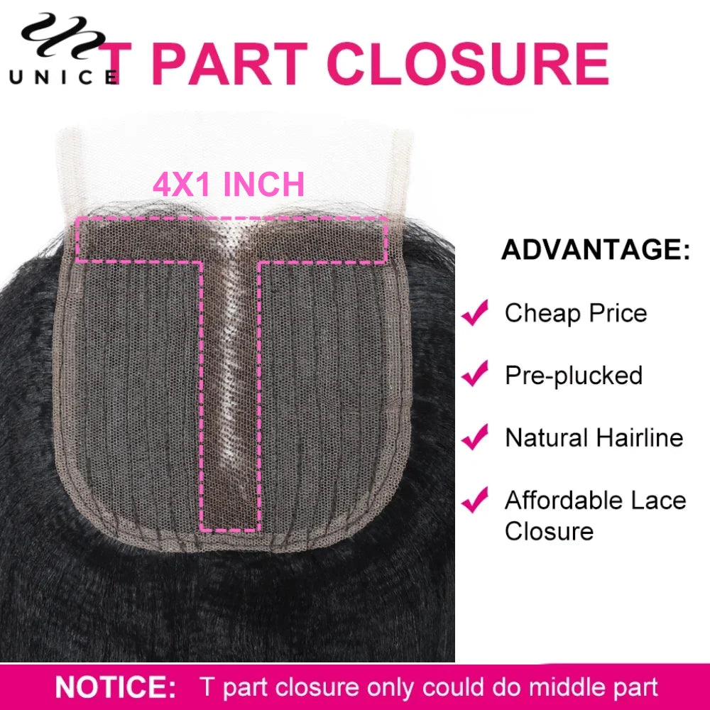UNice Hair Yaki Straight Hair Bundles With Closure Natural Color 100% Human Hair Bundles 3PCS And Middle Part 4x1 Lace Closure