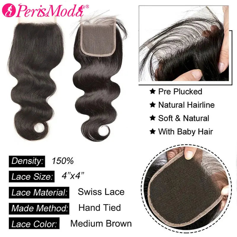 PerisModa Body Wave Bundles With Closure 5x5 HD Transparent Lace 4×4 Brown Lace 12A Brazilian Remy Natural Human Hair Extensions