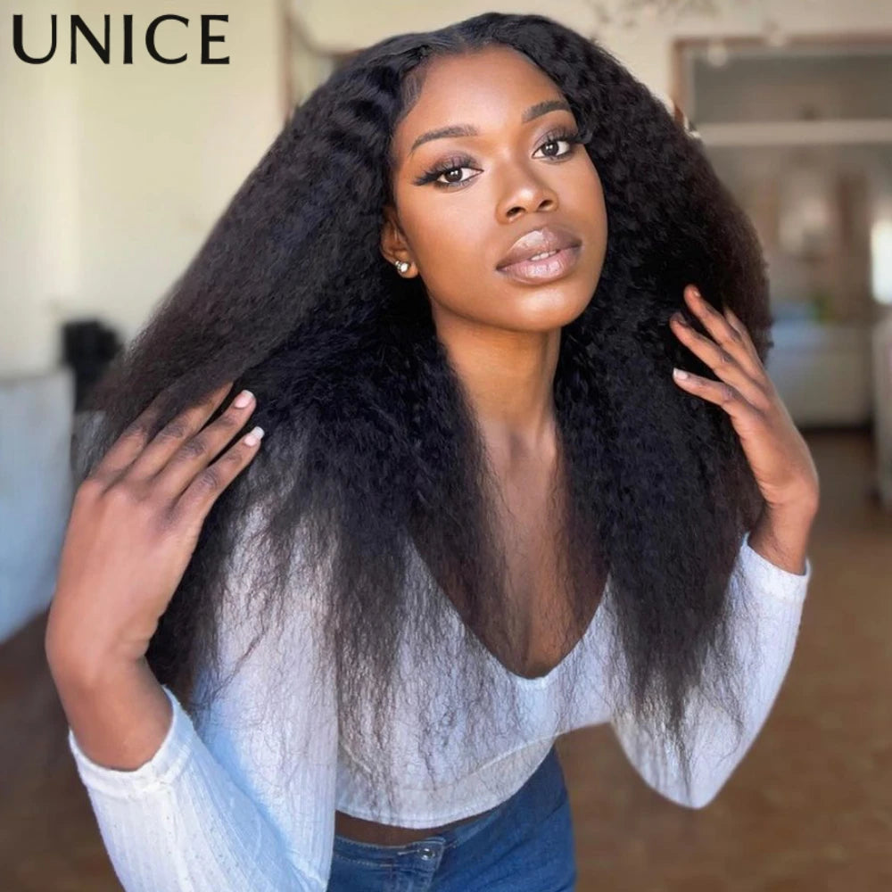 UNICE Hair Kinky Straight V Part Wig Human Hair With Drawstring EasiContour Minimal Leave Out VPart Human Hair Wigs 150% Density