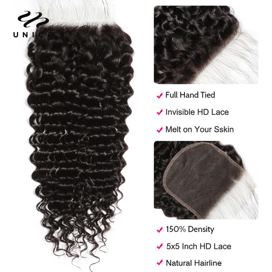 Unice Hair Deep Wave 5x5 HD Lace Closure 1PC Free Part 100% Human Hair Lace Closure 150% Density Free Shipping