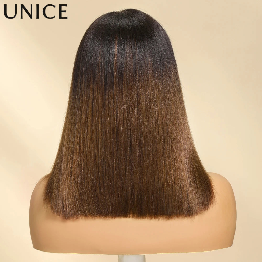 Unice Hair 7x5 Bye-Bye Knots Chestnut Brown Ombre Yaki Straight Bob Wig Human Hair Pre Cut Pre Bleached Glueless Wig
