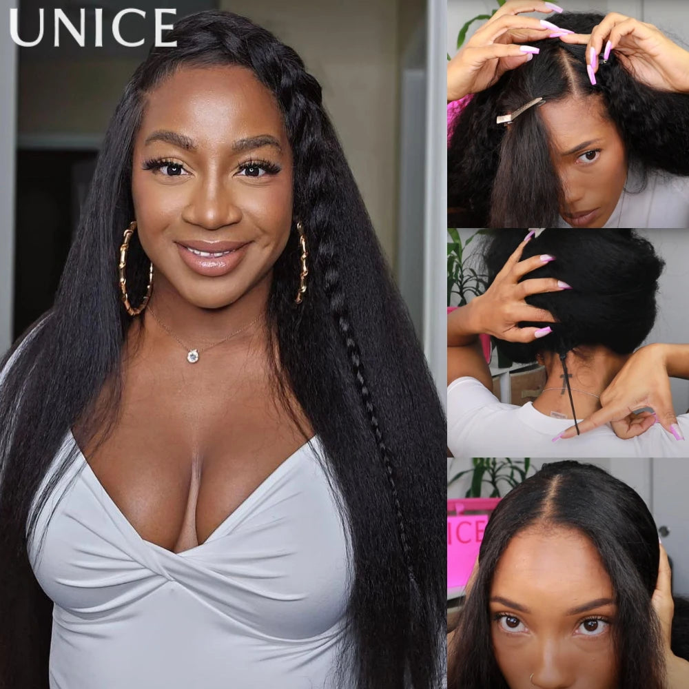UNICE Hair Kinky Straight V Part Wig Human Hair With Drawstring EasiContour Minimal Leave Out VPart Human Hair Wigs 150% Density