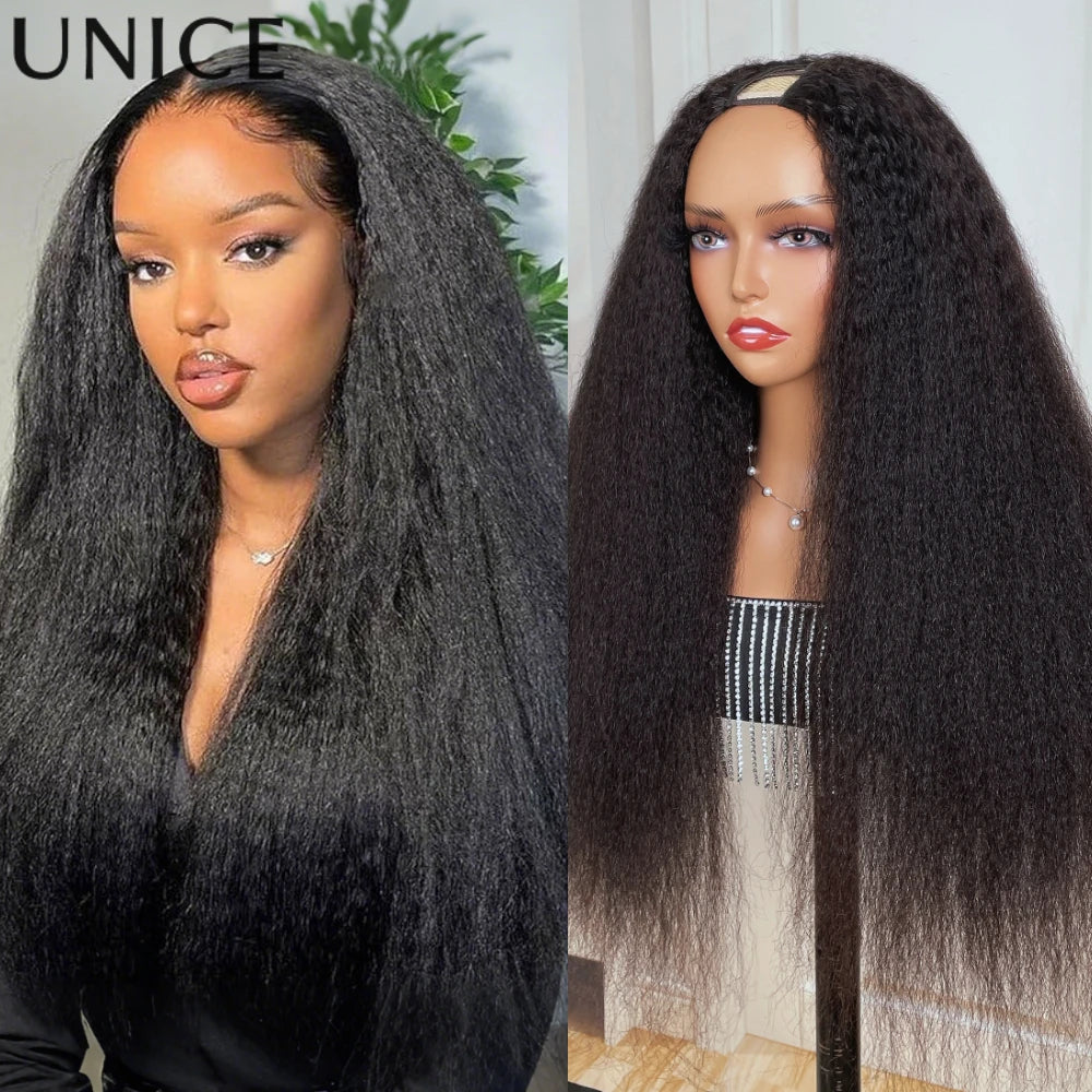 UNICE Hair Kinky Straight V Part Wig Human Hair With Drawstring EasiContour Minimal Leave Out VPart Human Hair Wigs 150% Density