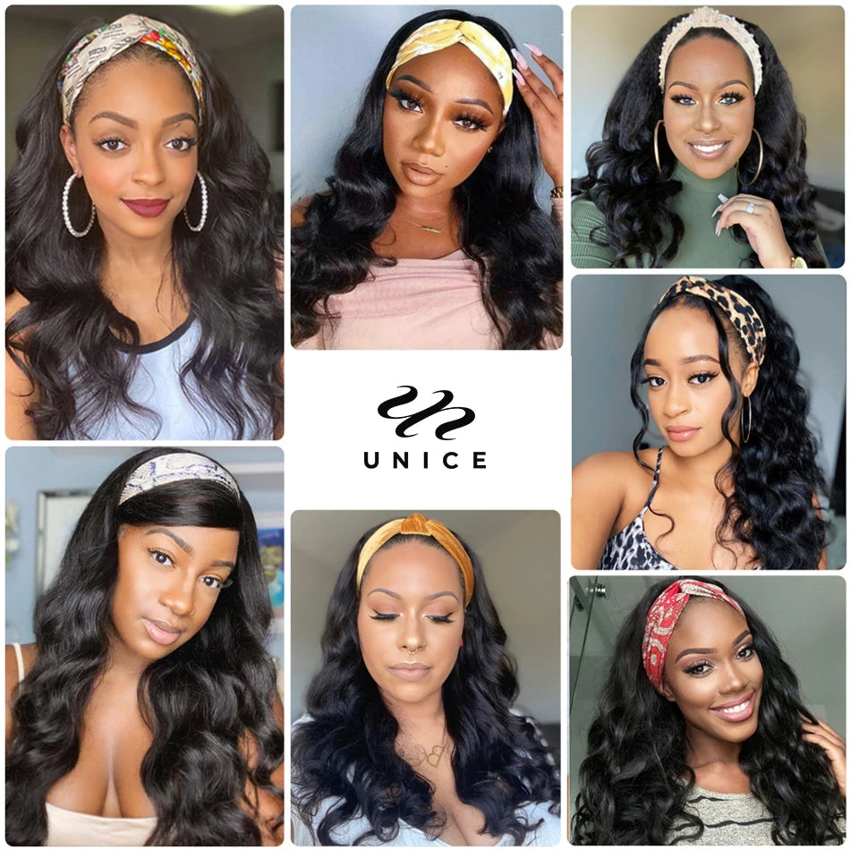 Unice Hair Body Wave Headband Wigs Natural Color Human Hair Wigs 150% Density Headband Scarf Wigs