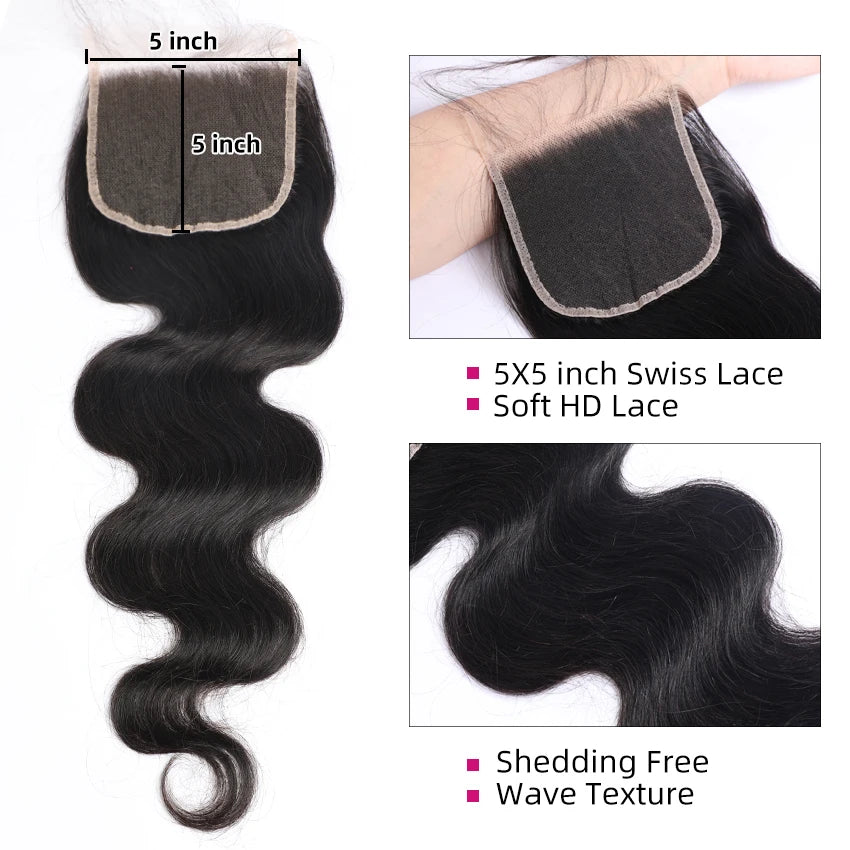 PerisModa Body Wave Bundles With Closure 5x5 HD Transparent Lace 4×4 Brown Lace 12A Brazilian Remy Natural Human Hair Extensions
