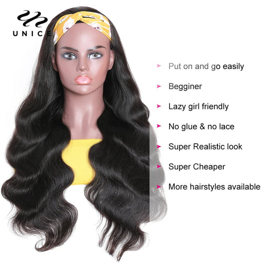 Unice Hair Body Wave Headband Wigs Natural Color Human Hair Wigs 150% Density Headband Scarf Wigs