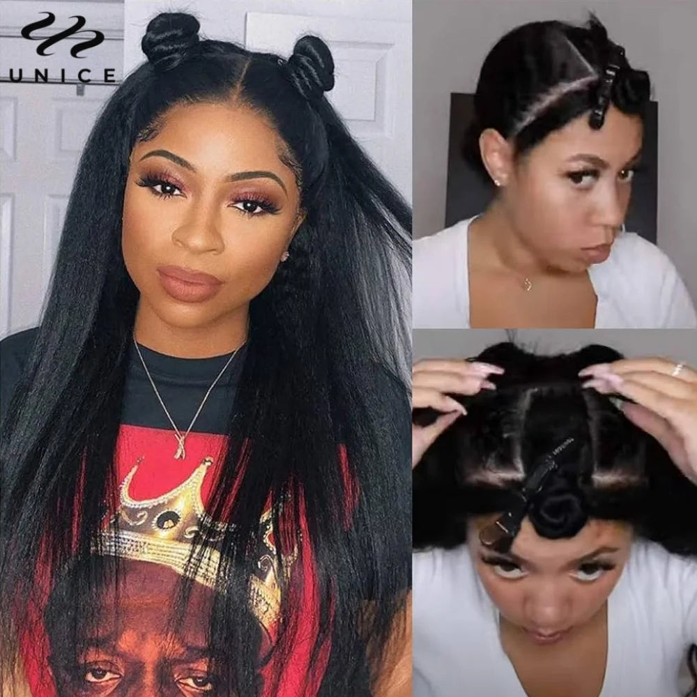 UNICE Hair Kinky Straight V Part Wig Human Hair With Drawstring EasiContour Minimal Leave Out VPart Human Hair Wigs 150% Density