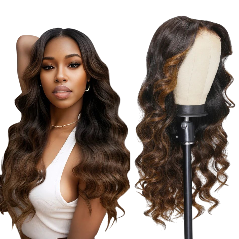 UNice Hair Loose Wave Bye Bye Knots Wig 7x5 Glueless Lace Ombre brown highlights Colored Wig Pre Bleached Knots Plucked Hairline