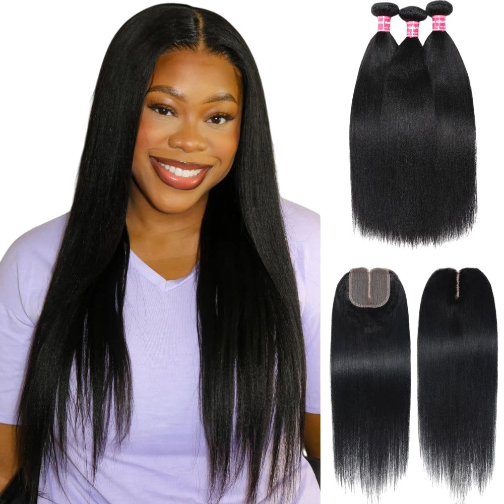 UNice Hair Yaki Straight Hair Bundles With Closure Natural Color 100% Human Hair Bundles 3PCS And Middle Part 4x1 Lace Closure