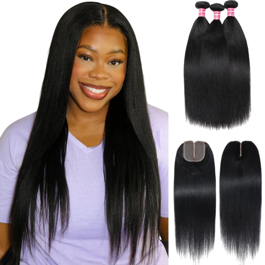 UNice Hair Yaki Straight Hair Bundles With Closure Natural Color 100% Human Hair Bundles 3PCS And Middle Part 4x1 Lace Closure