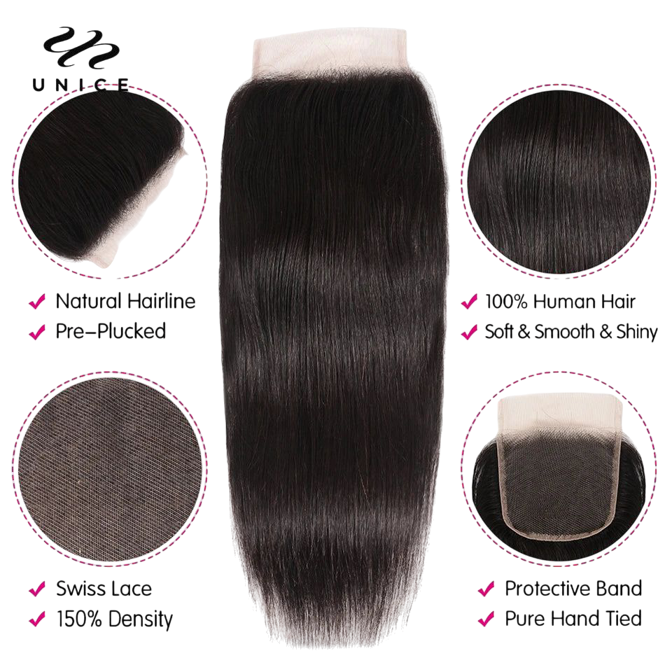 UNice Hair 5x5 HD Lace Closure Brazilian Straight Hair Lace Closure Virgin Human Hair Closure 4"x4" Swiss Lace 1 PCS