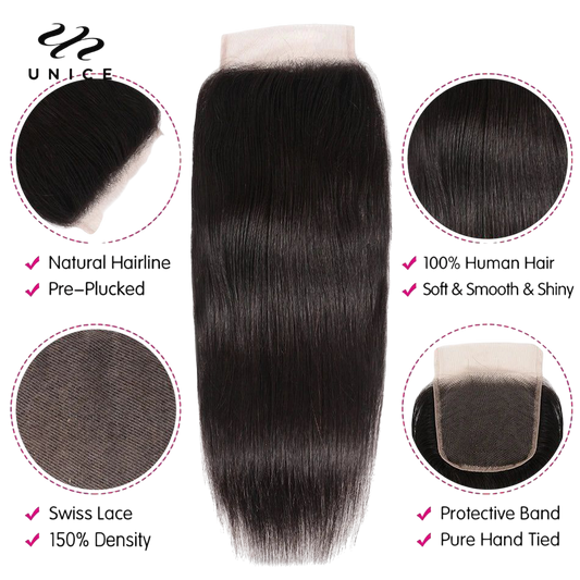 UNice Hair 5x5 HD Lace Closure Brazilian Straight Hair Lace Closure Virgin Human Hair Closure 4"x4" Swiss Lace 1 PCS