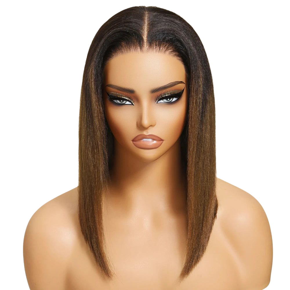Unice Hair 7x5 Bye-Bye Knots Chestnut Brown Ombre Yaki Straight Bob Wig Human Hair Pre Cut Pre Bleached Glueless Wig
