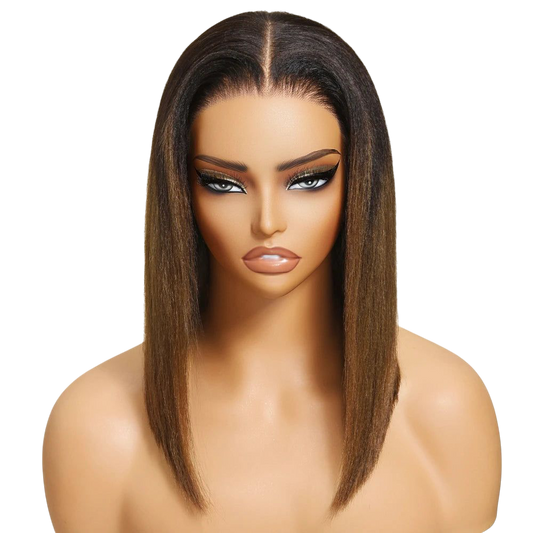Unice Hair 7x5 Bye-Bye Knots Chestnut Brown Ombre Yaki Straight Bob Wig Human Hair Pre Cut Pre Bleached Glueless Wig