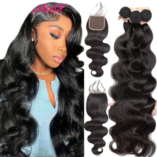 PerisModa Body Wave Bundles With Closure 5x5 HD Transparent Lace 4×4 Brown Lace 12A Brazilian Remy Natural Human Hair Extensions